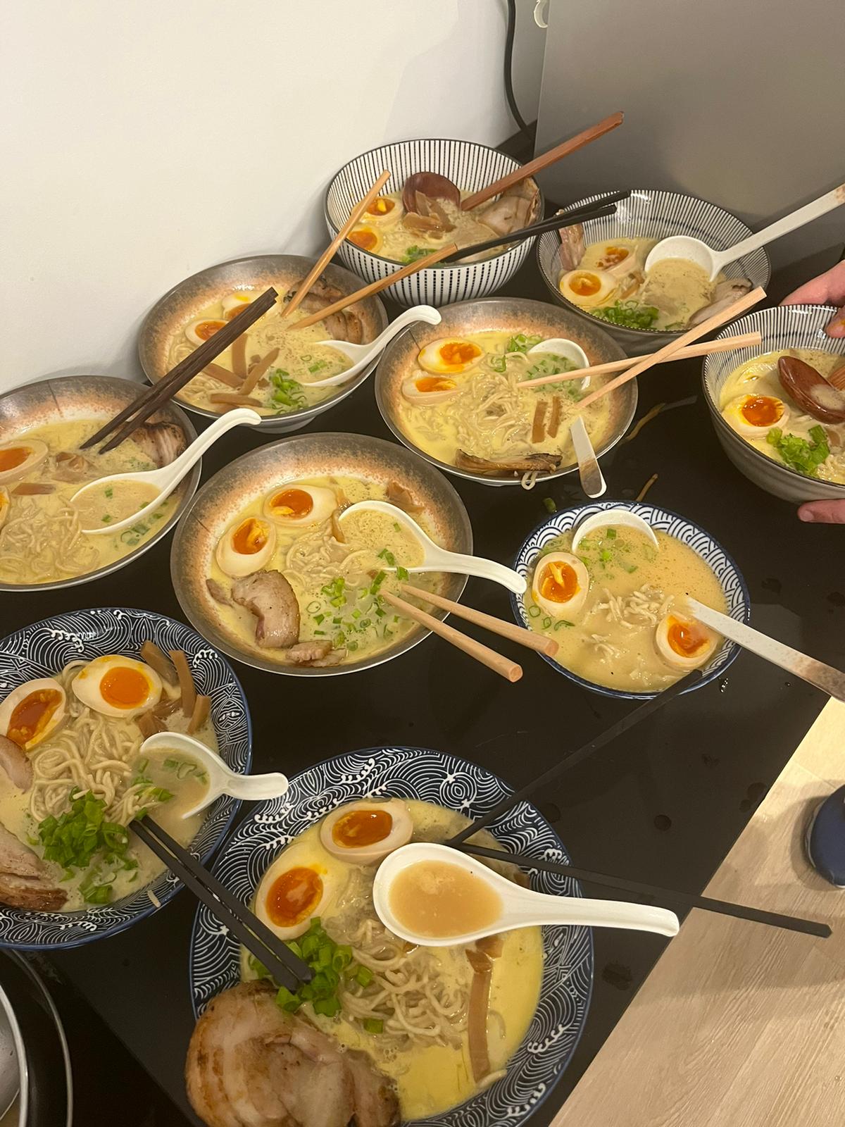 Bowls of homemade ginger tori paitan at a ramen party