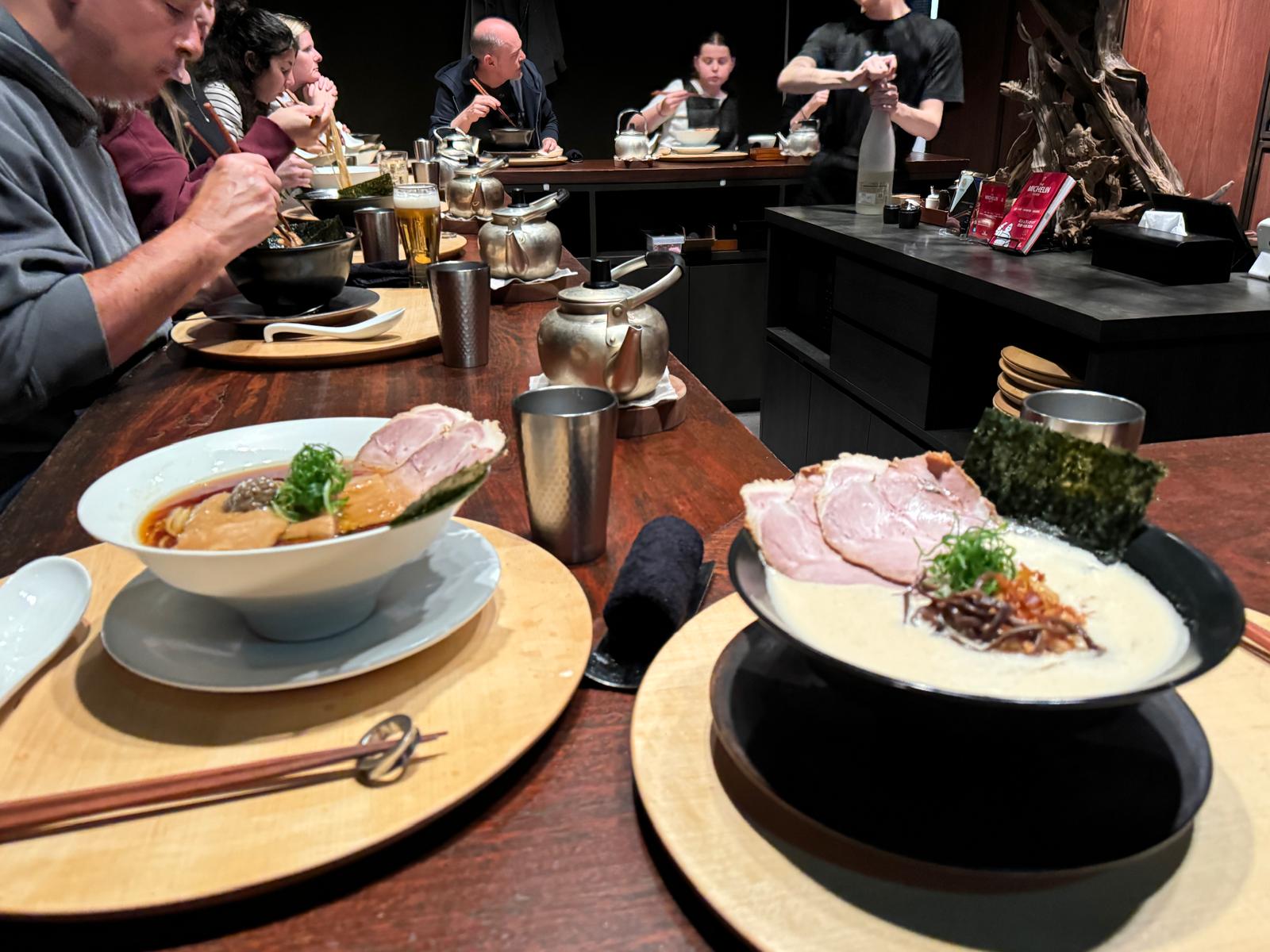 Two contrasting bowls of ramen at Chinese Noodles ROKU in Kyoto